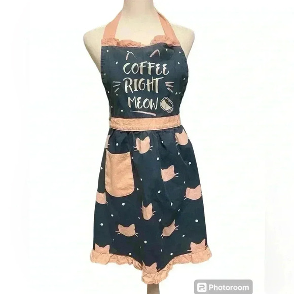 Coffee Right Meow Apron in blue pink & white has pocket & cat heads on it. - Picture 1 of 8